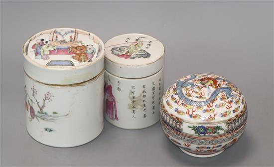 Two Chinese famille rose lidded pots and a circular pot